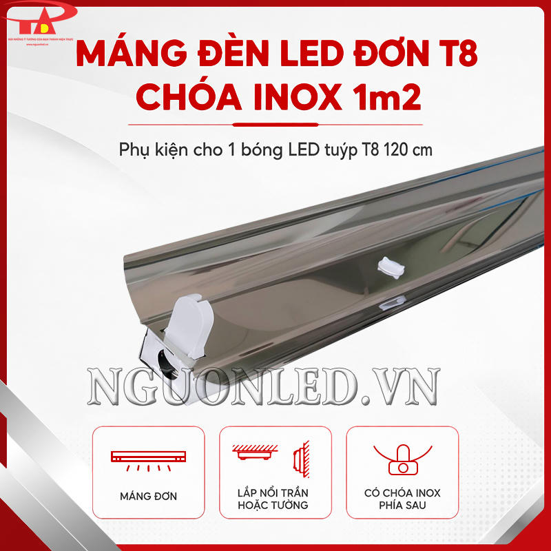 Máng đèn LED đơn T8 1m2 chóa inox lắp nổi trong nhà dành cho một bóng LED tuýp T8 120 cm