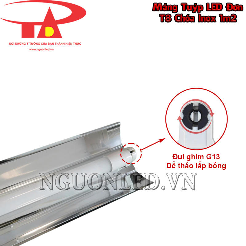 Máng đèn LED tuýp đơn T8 1m2 chóa inox dùng đầu ghim G13 xoay để giữ bóng đúng vị trí