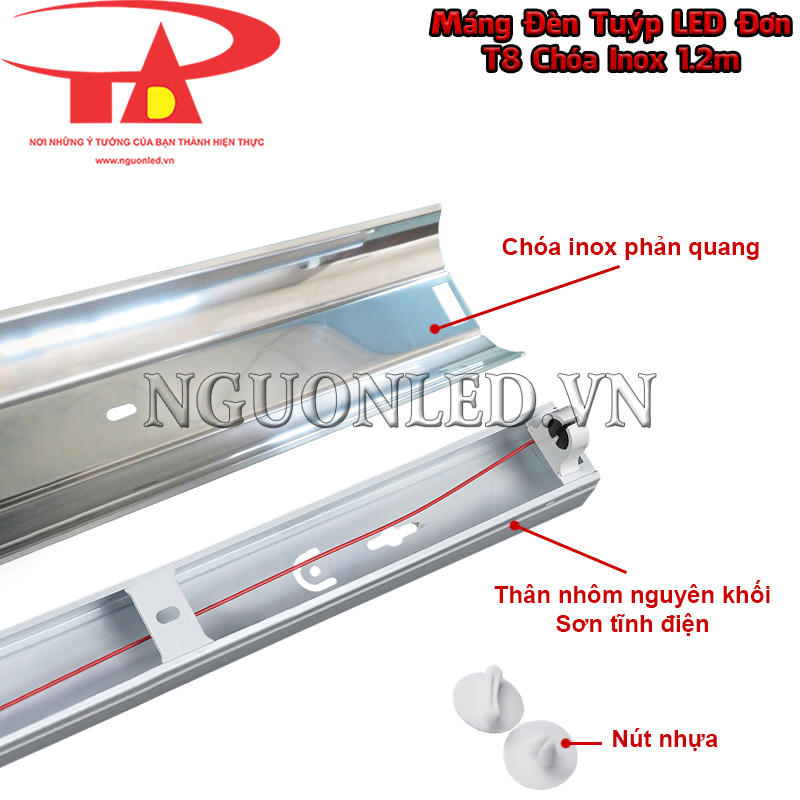 Máng đèn tuýp đơn 1m2 phản quang với chóa inox kết hợp thân nhôm và nút nhựa cố định