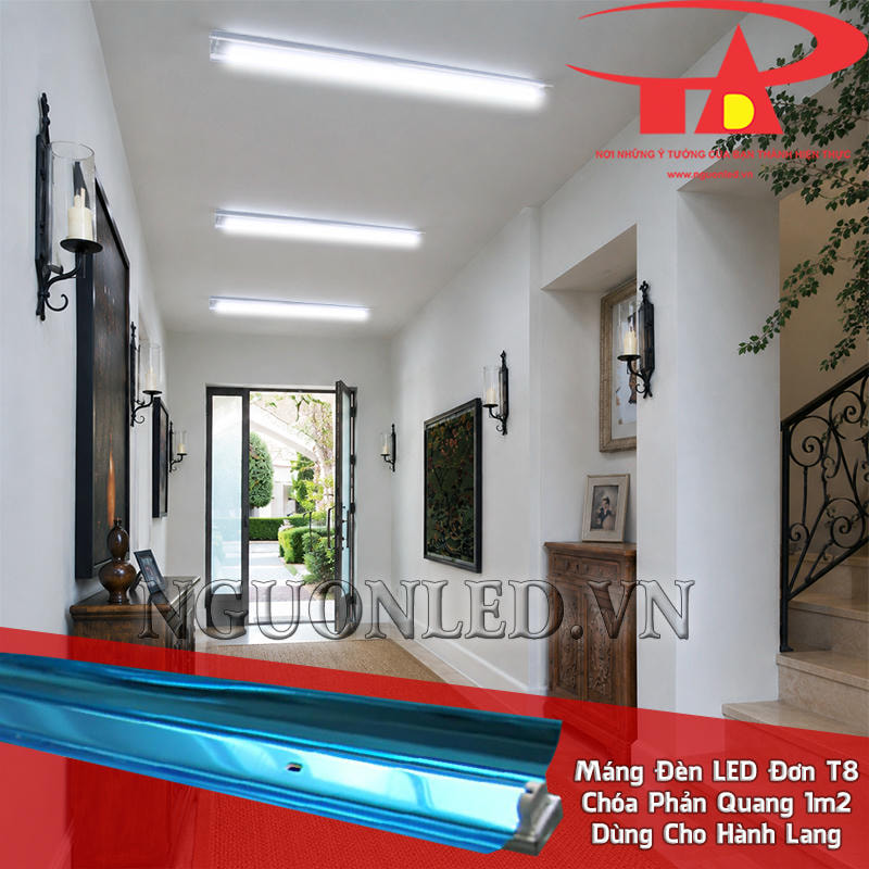 Máng đèn LED đơn 1m2 chóa phản quang bố trí theo hành lang, duy trì tuyến sáng qua cửa và góc rẽ