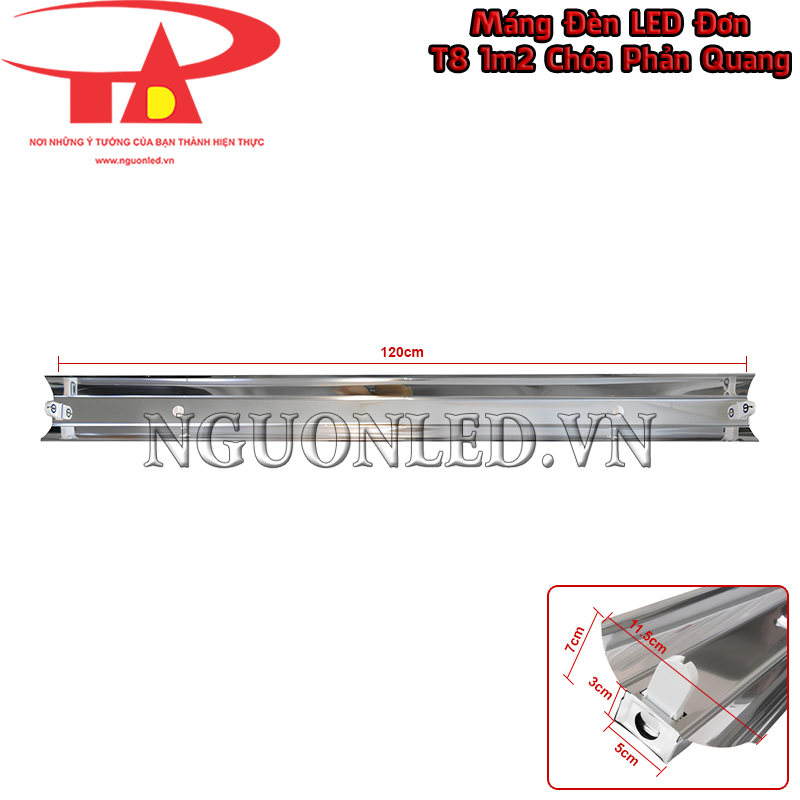 Máng đèn đơn T8 1.2 m chóa inox có khoảng giữ bóng 120 cm, tỷ lệ thân và chóa cân đối