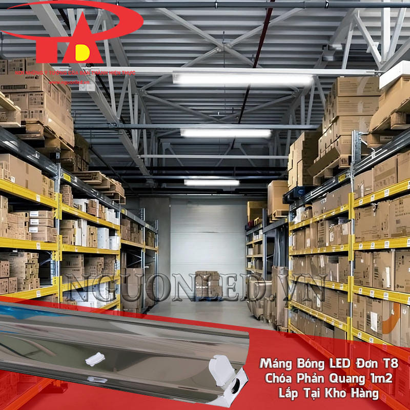 Máng đèn LED tuýp đơn T8 1m2 chóa inox lắp theo dãy kệ hỗ trợ nhận biết dãy hàng lưu trữ