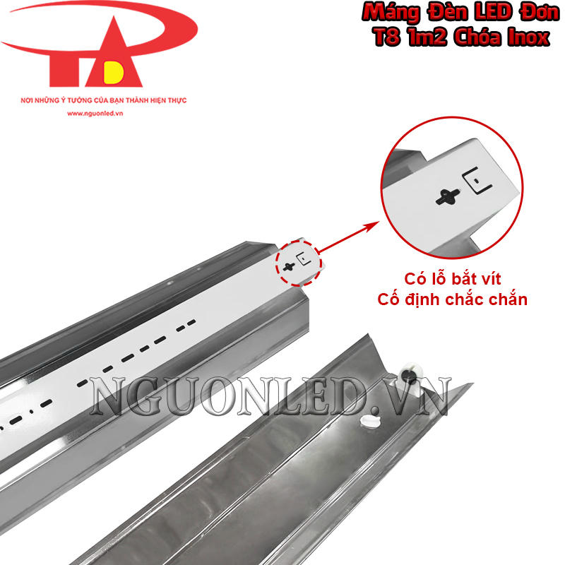 Máng đèn LED phản quang inox 1m2 có lỗ bắt vít định hình sẵn để căn thân theo tuyến lắp