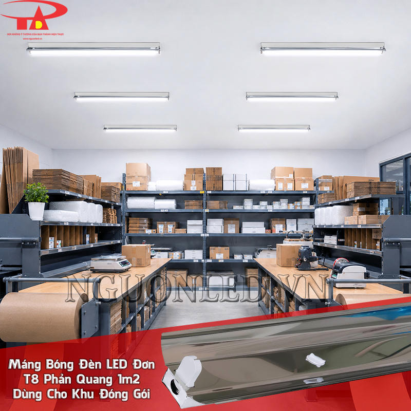 Máng đèn LED 1m2 chóa inox bố trí dọc bàn đóng gói để bóng T8 hỗ trợ kiểm tra nhãn và kiện hàng