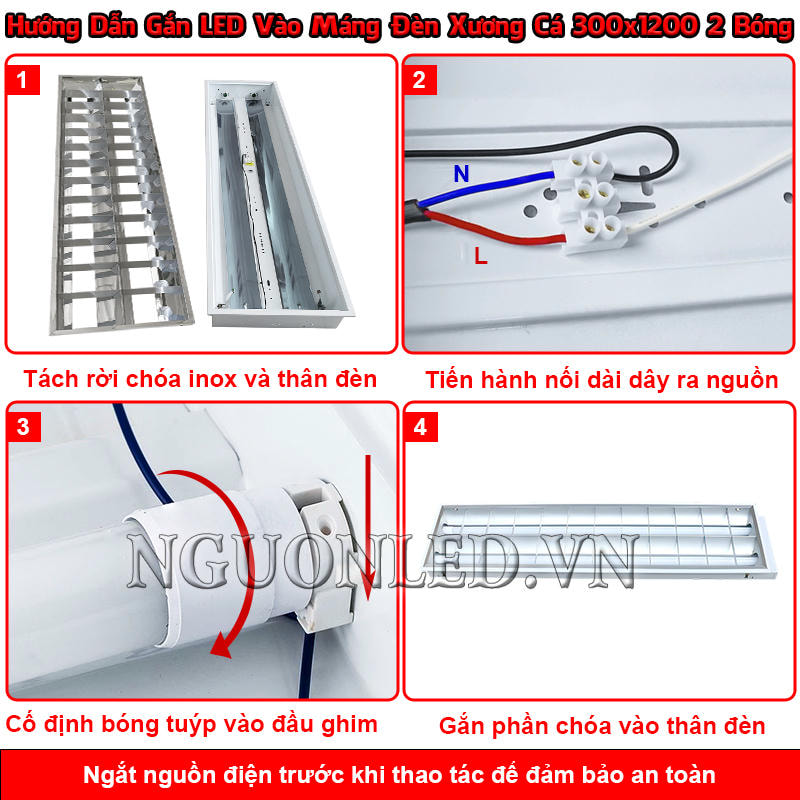 Các bước hoàn thiện máng đèn tuýp xương cá 300x1200 với 2 bóng thành bộ đèn lắp âm