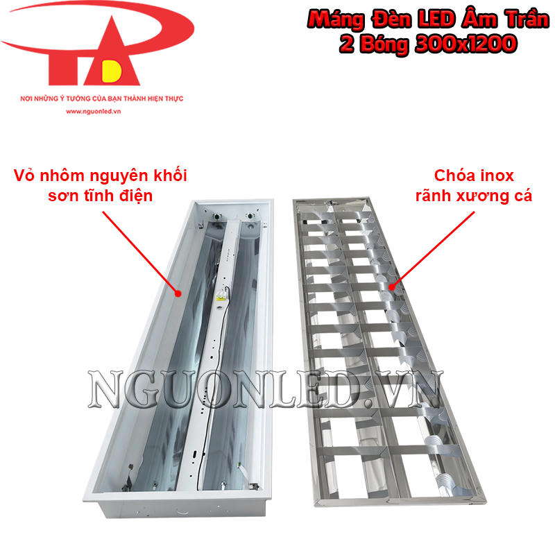 Máng đèn LED xương cá 300x1200 2 bóng với thân nhôm sơn tĩnh điện và chóa inox dạng xương cá