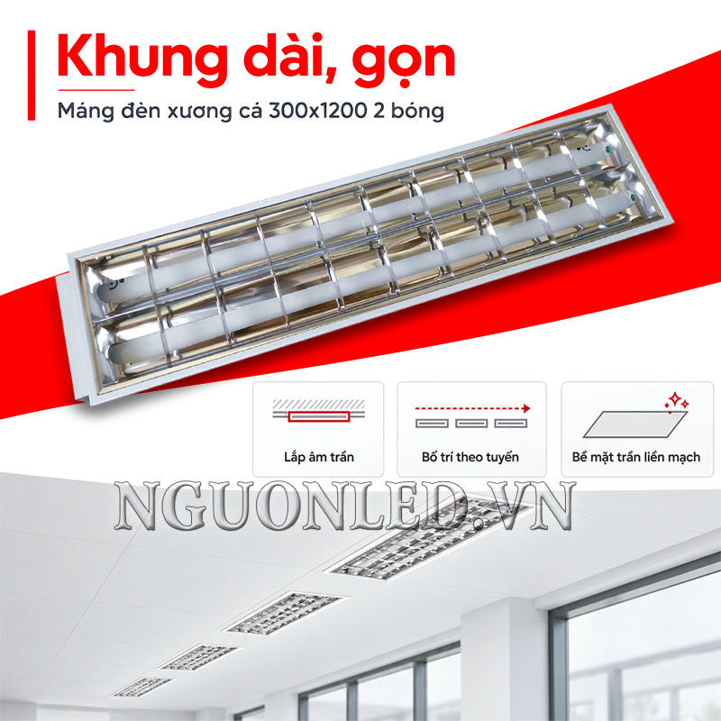 Máng đèn LED âm trần 300x1200 2 bóng với khung chữ nhật dài, bố trí theo tuyến trên mặt trần