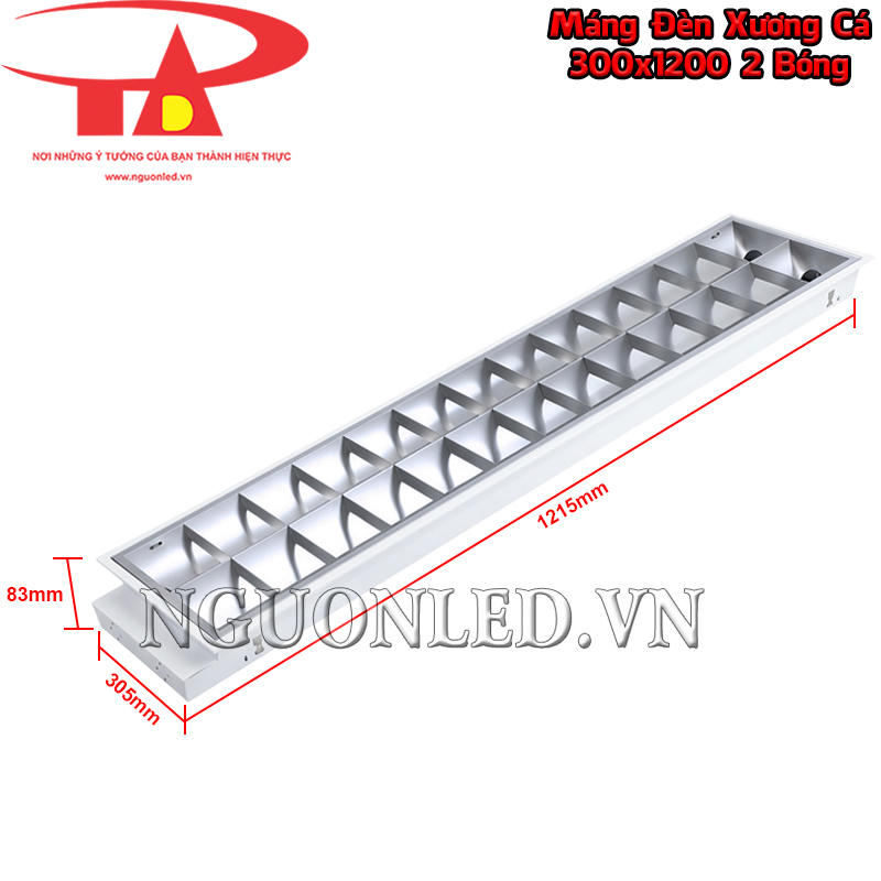 Máng đèn xương cá âm trần 2 bóng với phần khung thực tế 1215×305×83mm