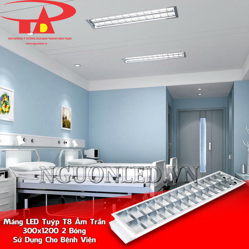 Máng đèn xương cá âm trần 2 bóng 300x1200 bố trí gọn trên trần phòng bệnh