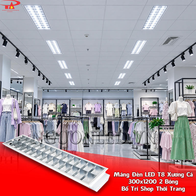 Máng đèn LED âm trần 300x1200 2 bóng tạo lớp sáng nền trên trần shop thời trang kết hợp cùng đèn rọi