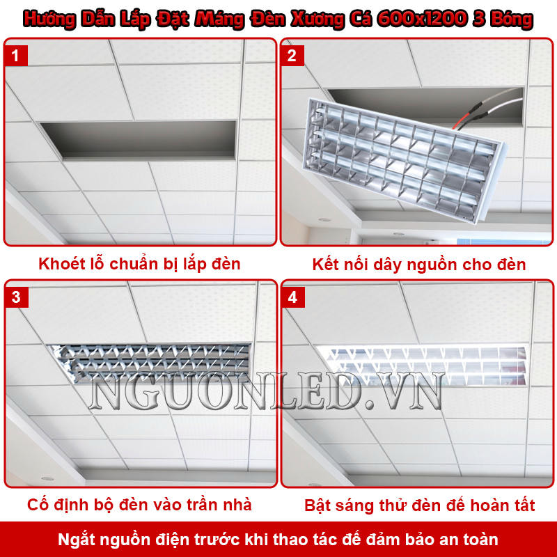 Hướng dẫn lắp máng đèn xương cá âm trần 3 bóng 600x1200 lên trần