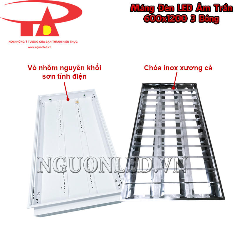 Máng đèn LED âm trần 600x1200 3 bóng có thân nhôm sơn tĩnh điện và chóa inox xương cá