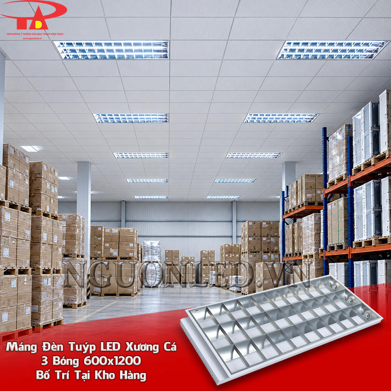 Máng đèn xương cá 600x1200 3 bóng lắp âm trần dọc các lối đi giữa dãy kệ kho hàng