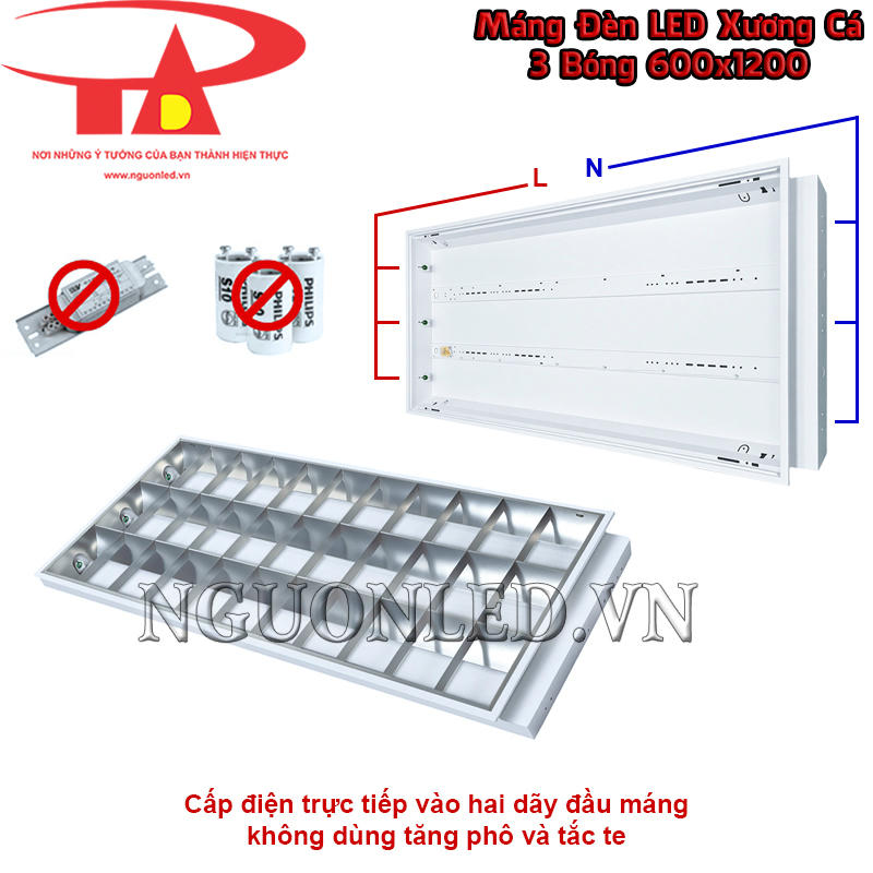 Máng đèn xương cá 600x1200 3 bóng với cấu hình cấp điện trực tiếp tại hai dãy đầu máng