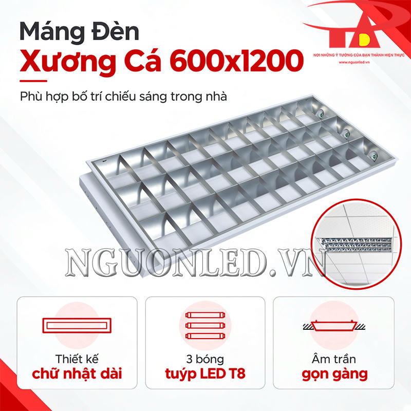 Máng đèn LED âm trần 600x1200 3 bóng với khung chữ nhật dài và chóa inox xương cá