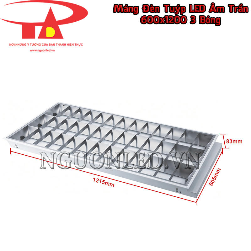 Máng đèn xương cá âm trần 3 bóng với khung thực tế 1215 × 605 × 83 mm