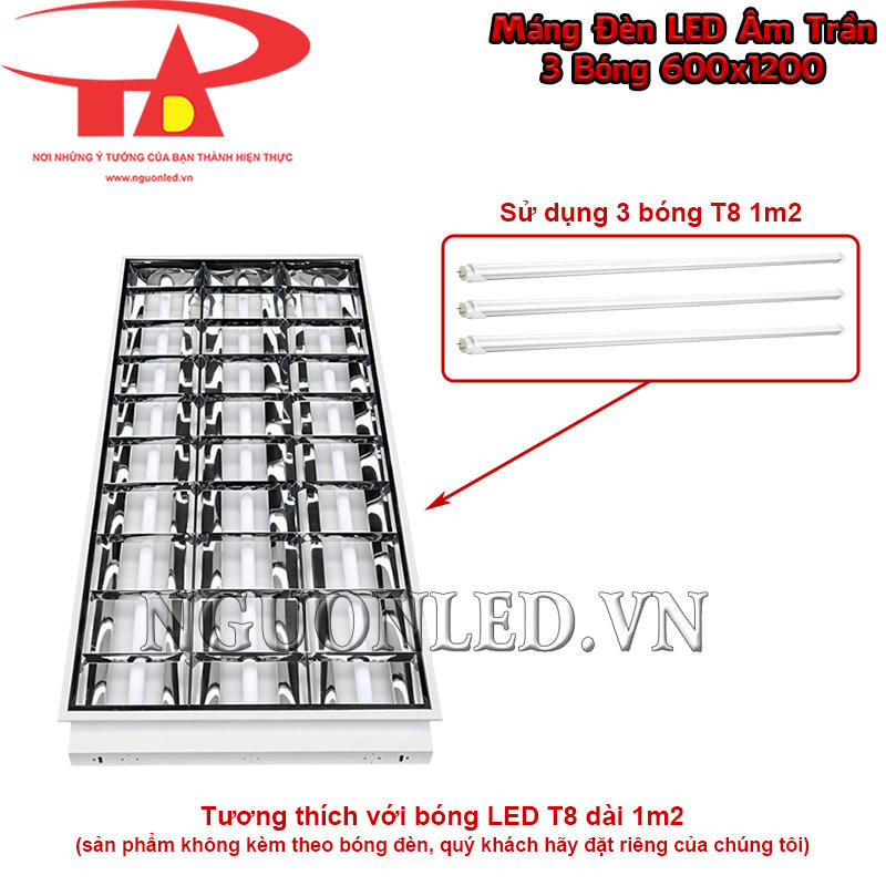 Máng đèn tuýp xương cá 600x1200 dùng ba bóng LED T8 dài 120cm bố trí song song