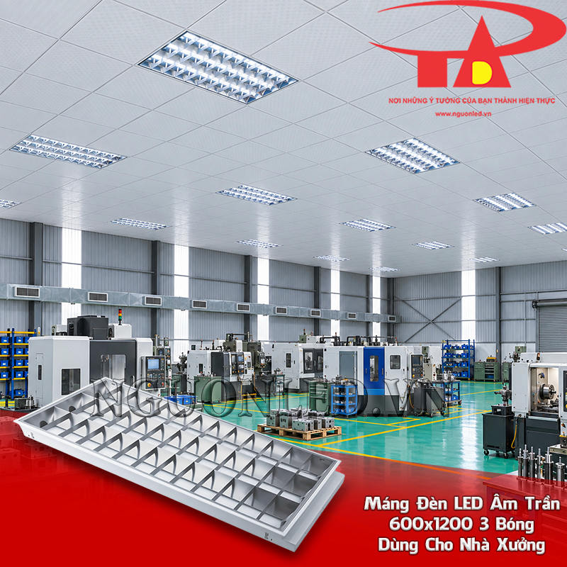 Máng đèn LED xương cá 600x1200 3 bóng bố trí âm trần theo các hàng đèn trong khu nhà xưởng