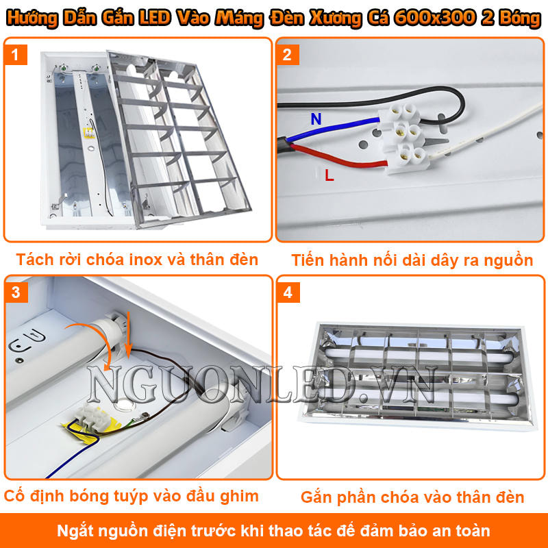 Quy trình hoàn thiện máng đèn LED xương cá 600x300 2 bóng thành bộ đèn