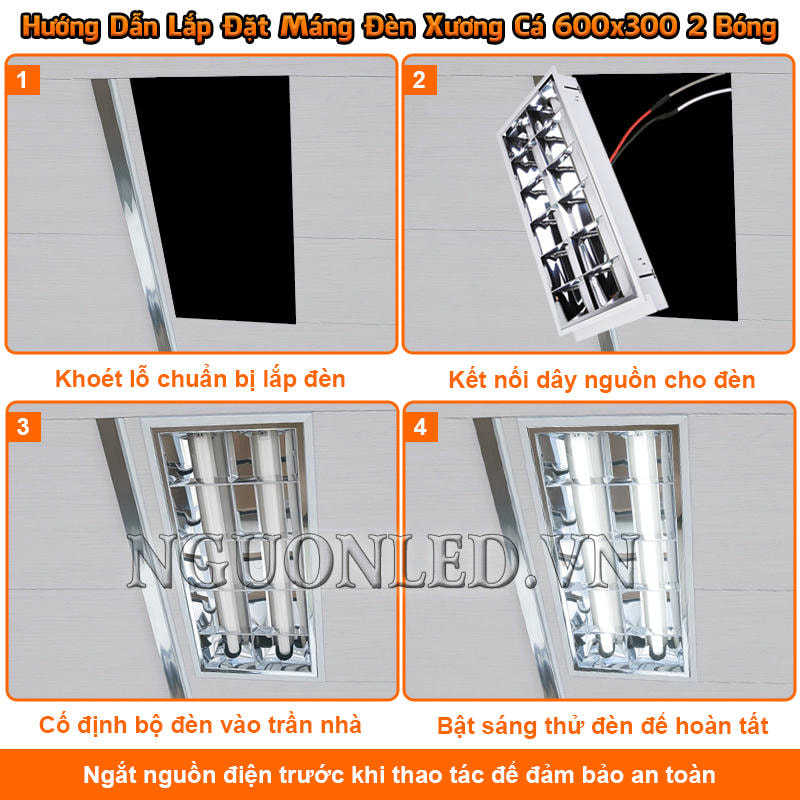 Hướng dẫn lắp bộ máng đèn xương cá 2 bóng 600x300 lên trần nhà