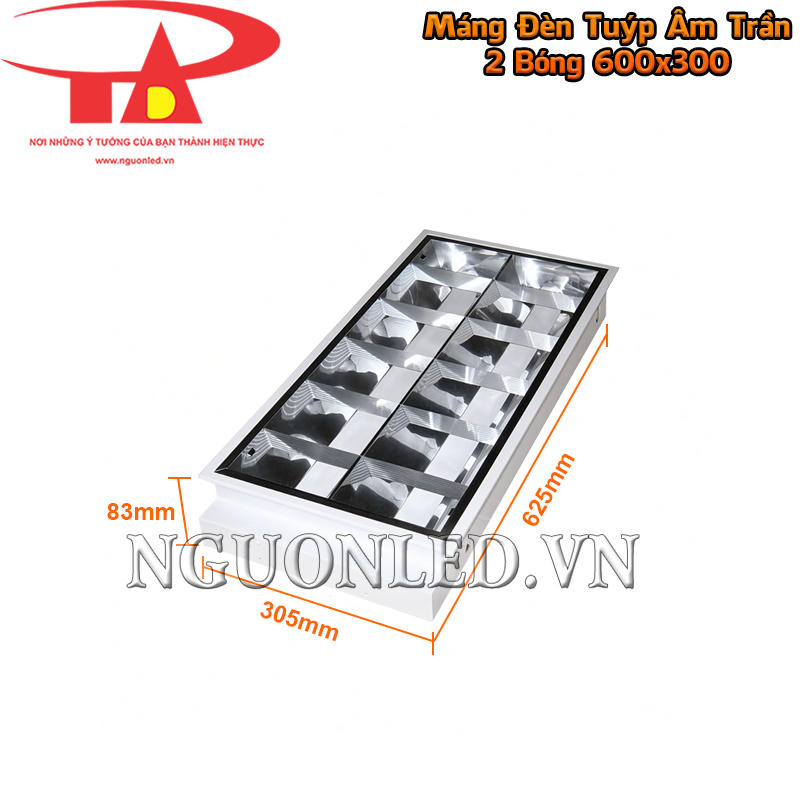Máng đèn âm trần 2 bóng 600x300 có kích thước khung thực tế 625 × 305 × 83 mm