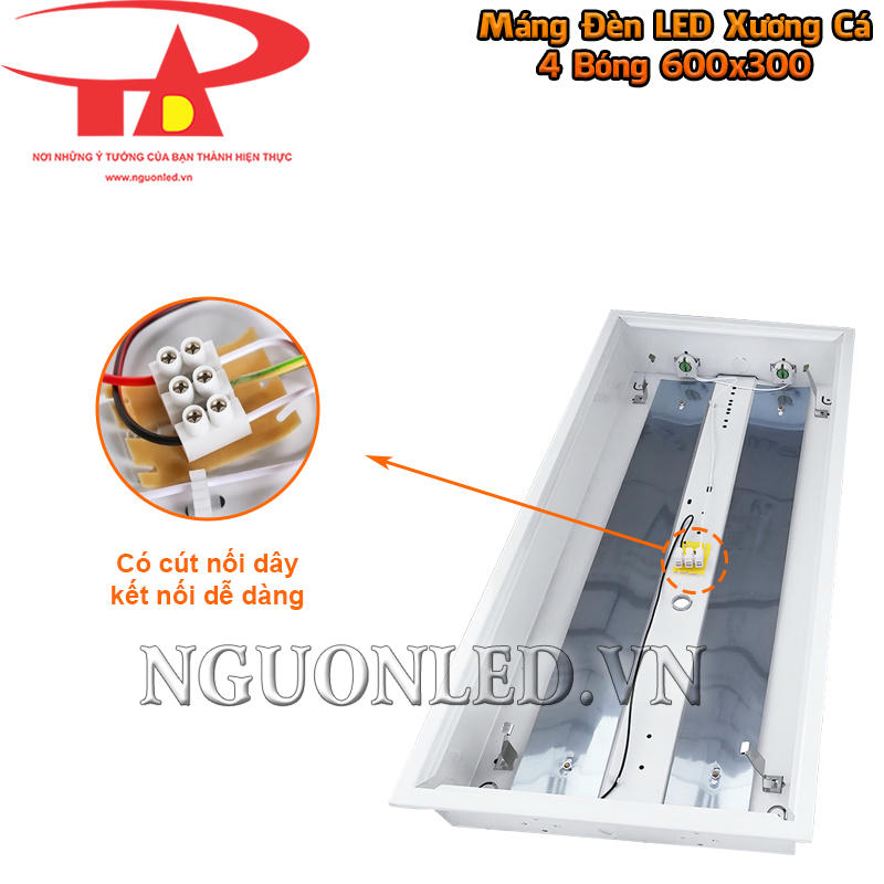 Máng đèn LED xương cá 600x300 2 bóng với cút nối điện tích hợp bên trong thân máng