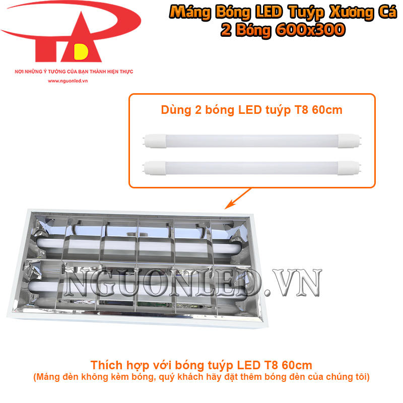Máng đèn tuýp xương cá 600x300 sử dụng hai bóng LED T8 dài 60 cm lắp song song