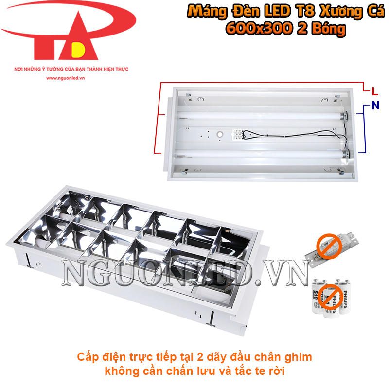 Máng đèn LED xương cá 600x300 2 bóng với đường cấp điện bố trí tại hai dãy đầu máng