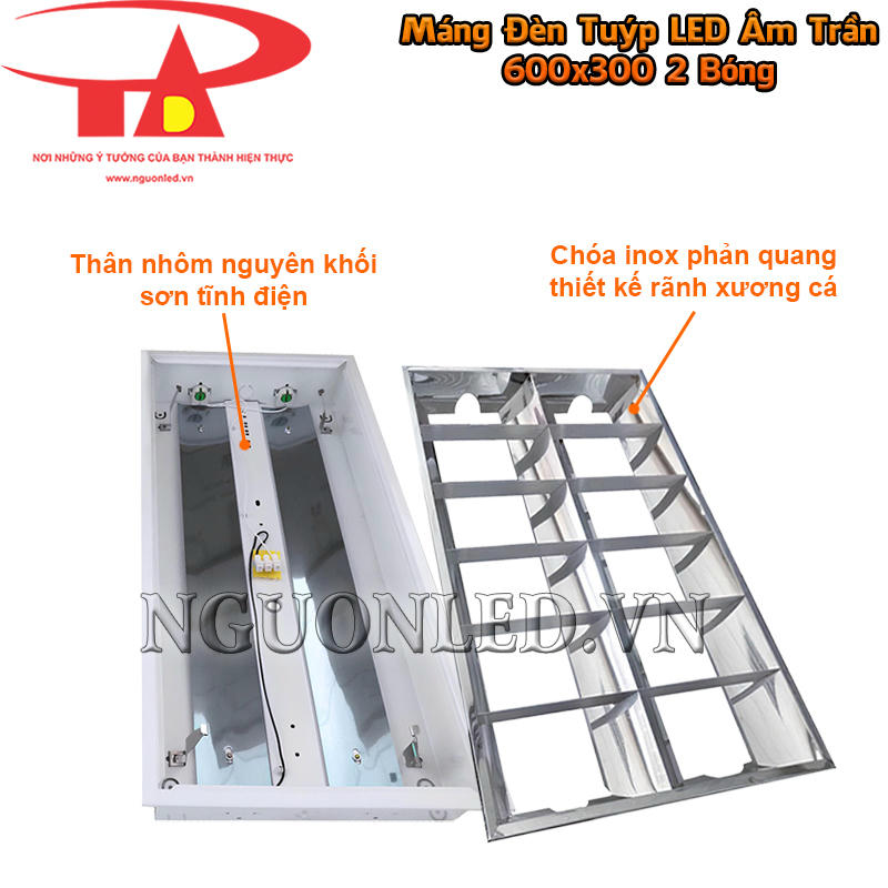 Máng đèn LED âm trần 600x300 2 bóng với thân nhôm sơn trắng và chóa inox rãnh xương cá