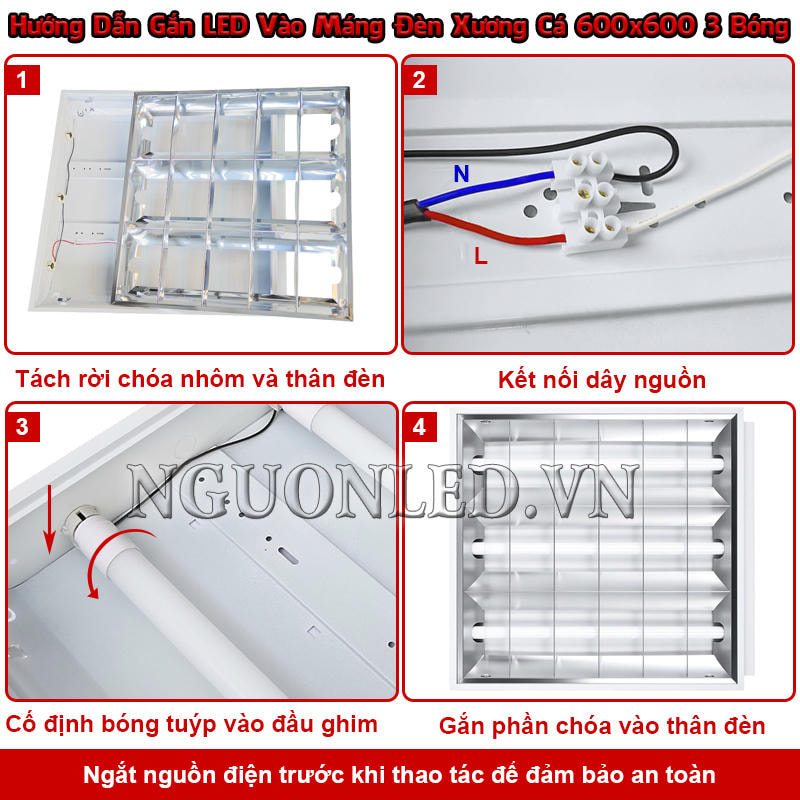 Hoàn thiện máng đèn xương cá 600x600 3 bóng qua các bước tháo chóa, nối nguồn, gắn bóng G13 và lắp lại chóa