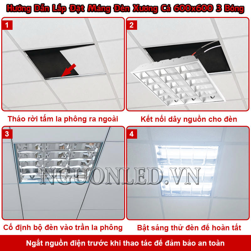 Quy trình đưa bộ đèn xương cá 600x600 3 bóng đã hoàn thiện lên trần la-phông và chạy thử
