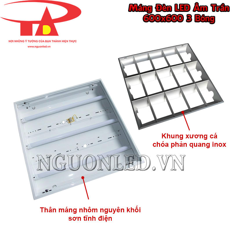 Máng xương cá 600x600 3 bóng với thân nhôm nguyên khối sơn tĩnh điện, chóa đèn phản quang inox