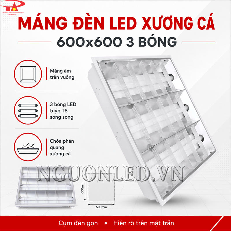 Máng đèn LED âm trần 600x600 với 3 bóng T8 song song và chóa phản quang xương cá