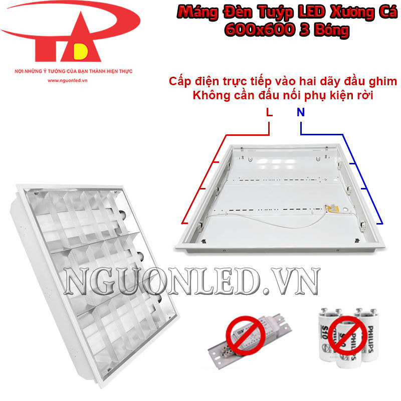 Cơ chế cấp điện tại hai dãy đầu máng xương cá 600x600 cho bóng LED T8