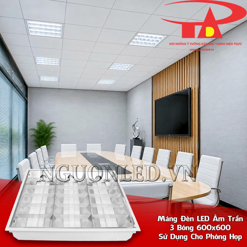 Bộ máng xương cá 600x600 3 bóng lắp âm trần theo vùng bàn ngồi dài trong phòng họp