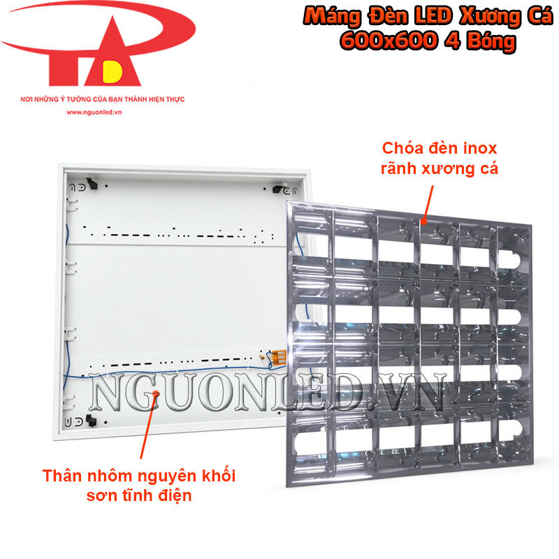 Máng đèn LED xương cá 600x600 4 bóng với thân nhôm nguyên khối và chóa inox rãnh xương cá