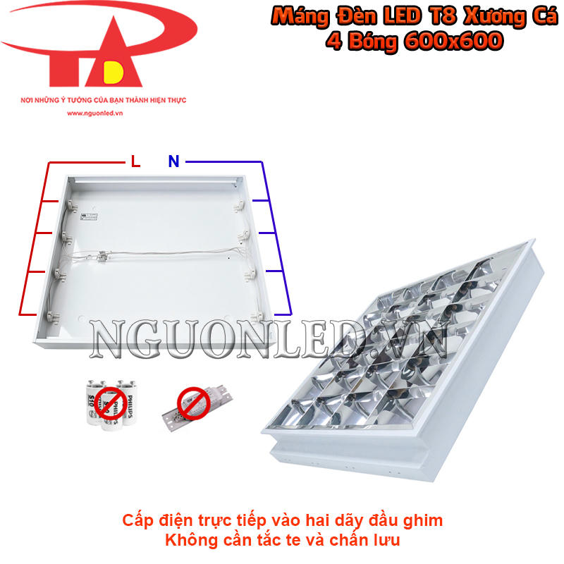 Máng đèn xương cá 600x600 4 bóng cấp điện trực tiếp tại hai dãy đầu ghim cho bóng LED T8