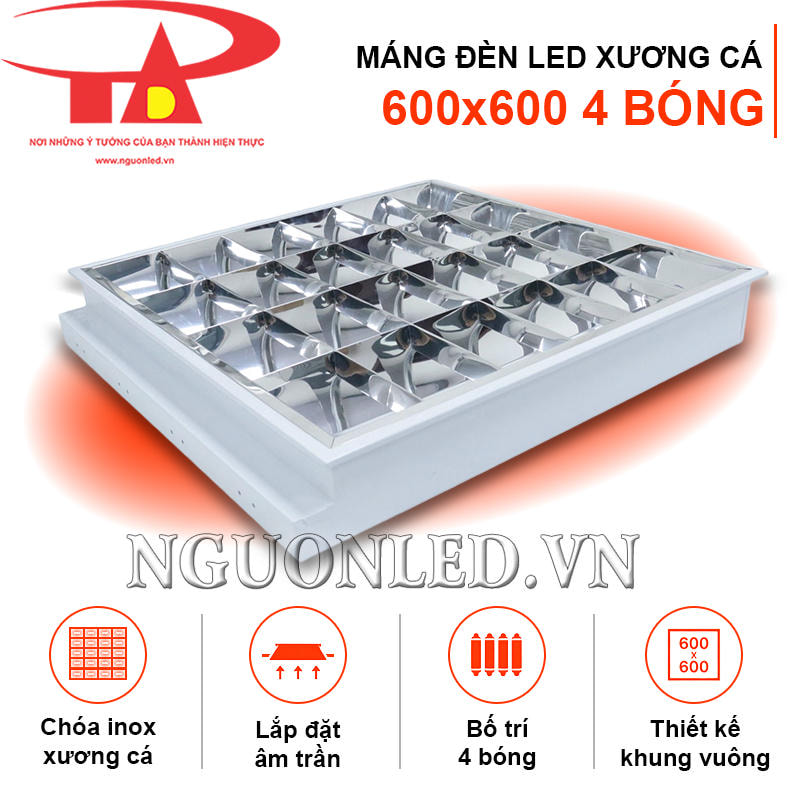 Máng đèn LED xương cá dạng vuông âm trần với chóa inox và bốn vị trí lắp bóng