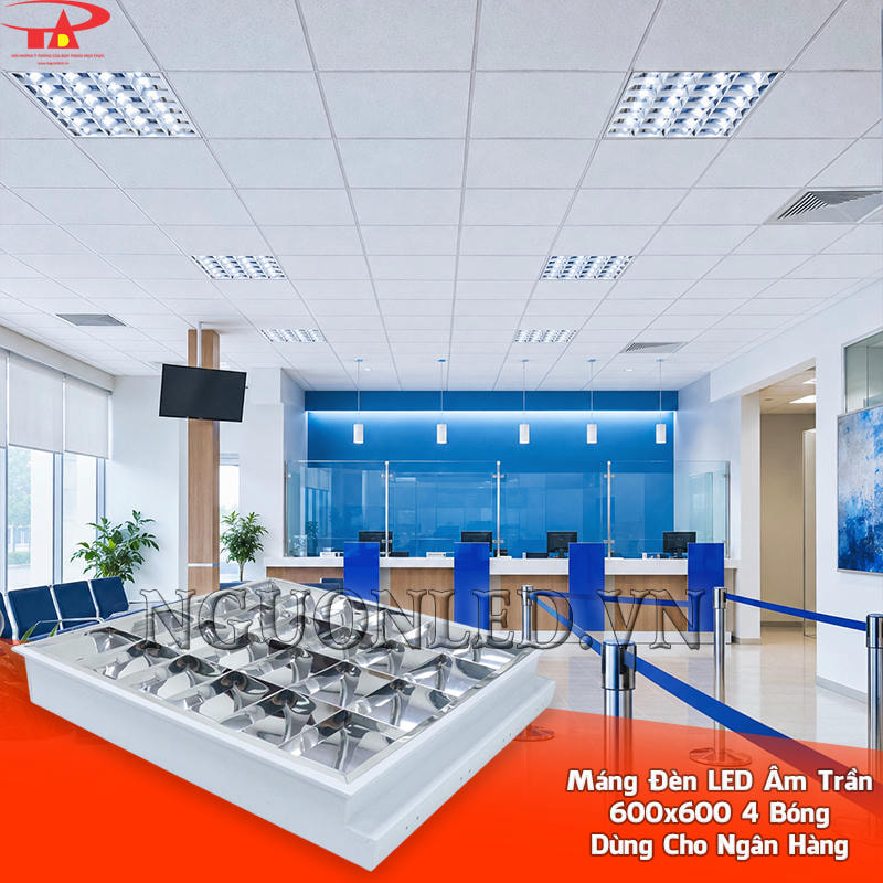 Máng đèn LED âm trần 600x600 4 bóng bố trí trên trần khu giao dịch và quầy tư vấn ngân hàng