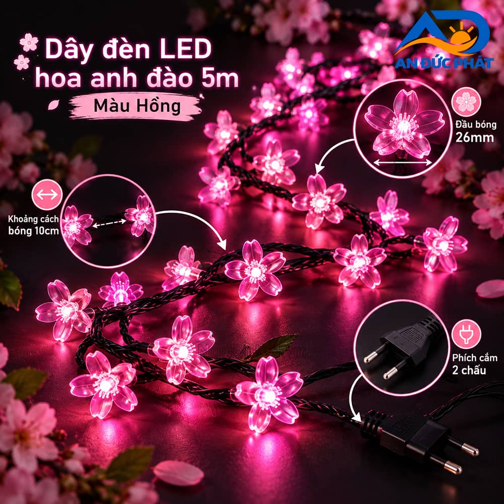 Dây đèn LED hoa anh đào 5m màu hồng với đầu bóng nhựa trong năm cánh 26mm được phóng to chi tiết.