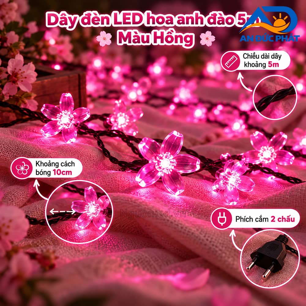 Dây đèn LED hoa anh đào 5m màu hồng với các đầu bóng hình hoa năm cánh phát sáng nổi bật.