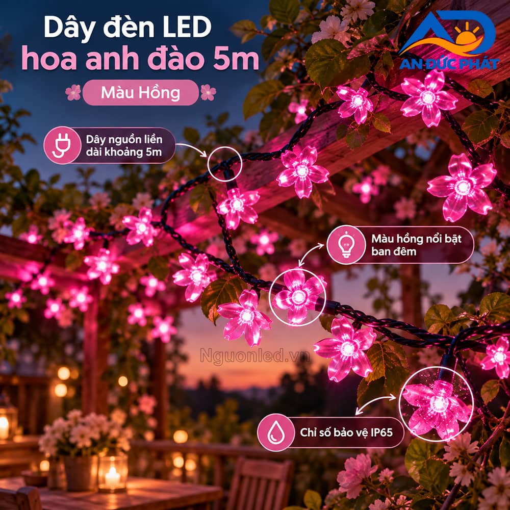 Dây đèn LED hoa anh đào 5m màu hồng với các bông hoa năm cánh bố trí cách nhau 10cm.