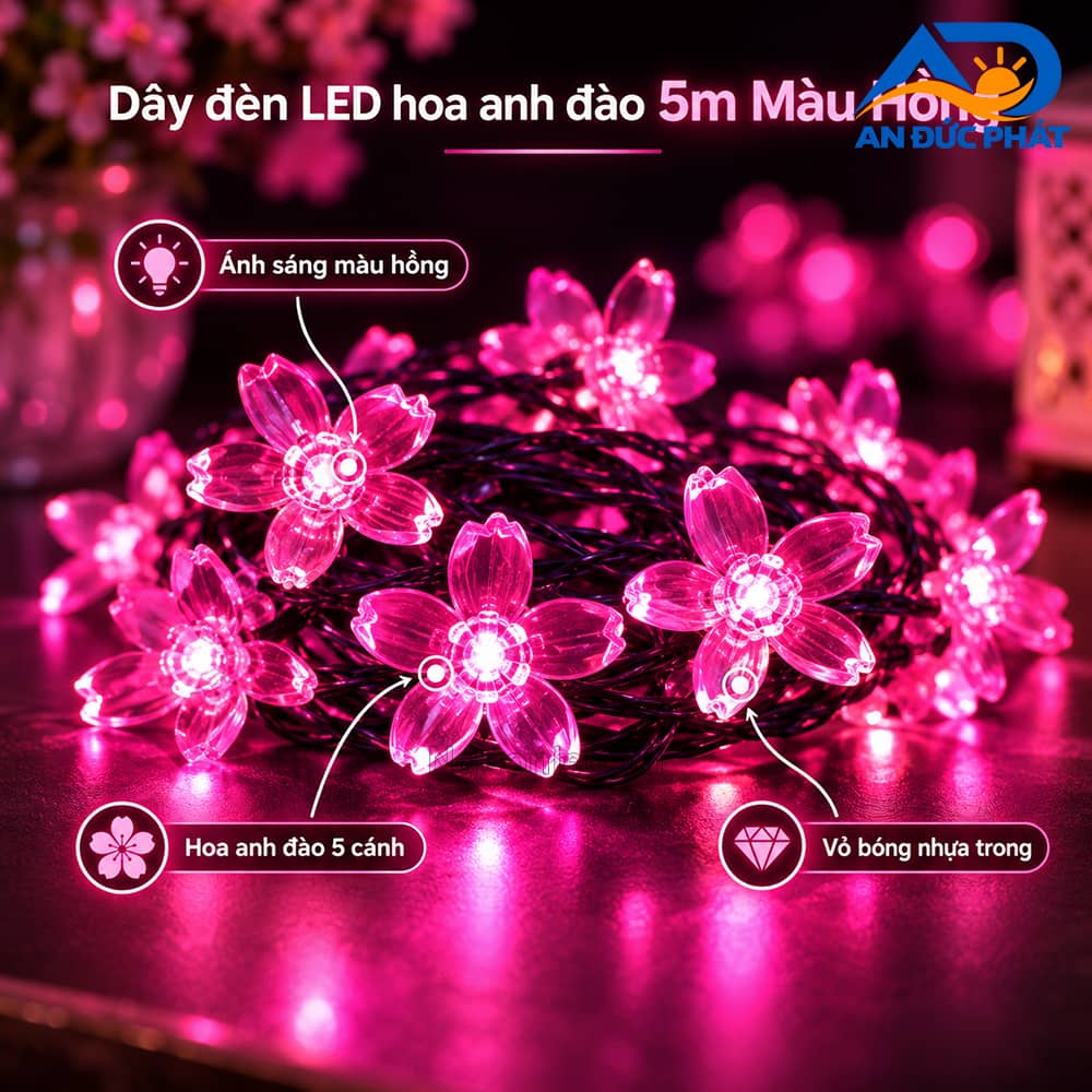 Dây đèn LED hoa anh đào 5m màu hồng cuộn tròn, các đầu hoa năm cánh nhựa trong phát sáng nổi bật.