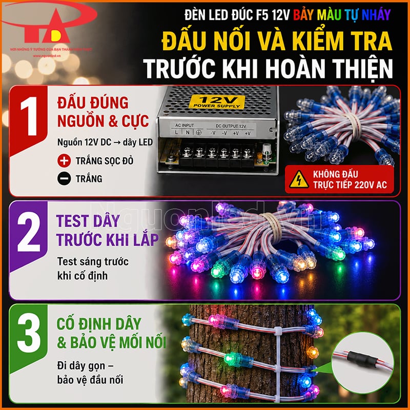 Đèn LED đúc F5 12V bảy màu tự nháy với hướng dẫn đấu nguồn, test dây và bảo vệ mối nối