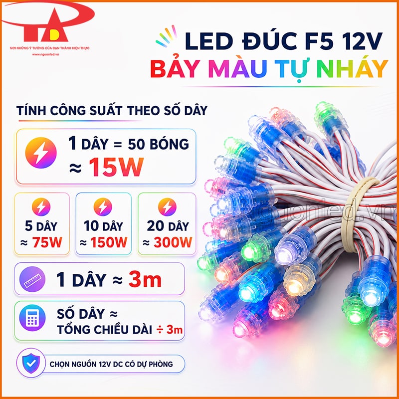 Đèn LED đúc F5 12V bảy màu tự nháy minh họa công suất 15W cho một dây 50 bóng