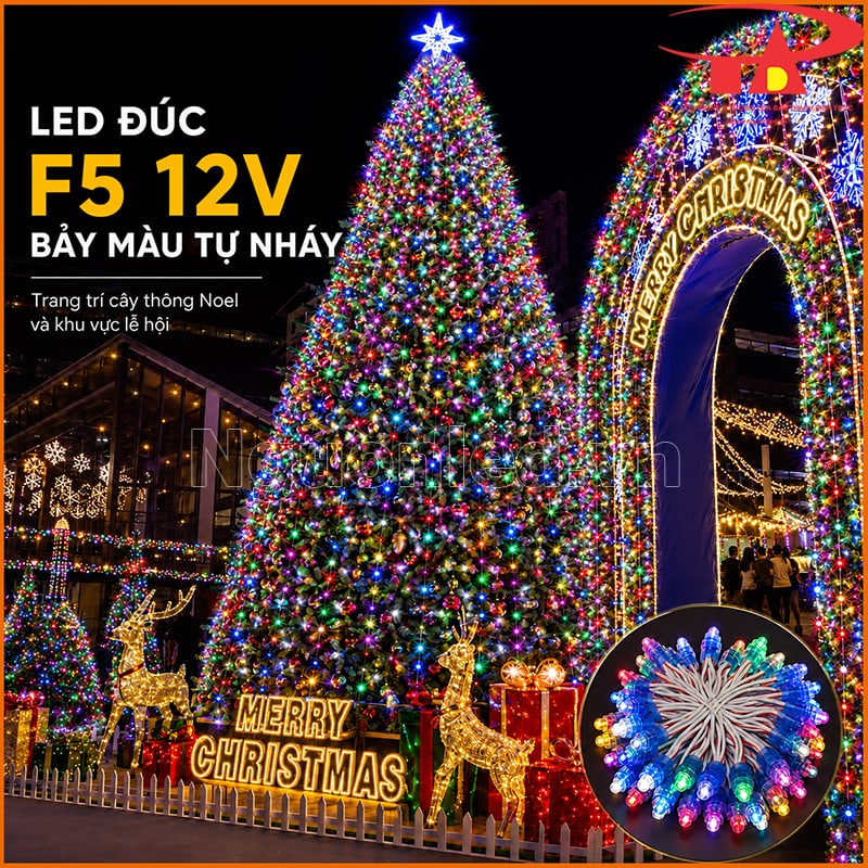 Đèn LED đúc F5 12V 7 màu tự nháy trang trí cây thông Noel và cổng lễ hội