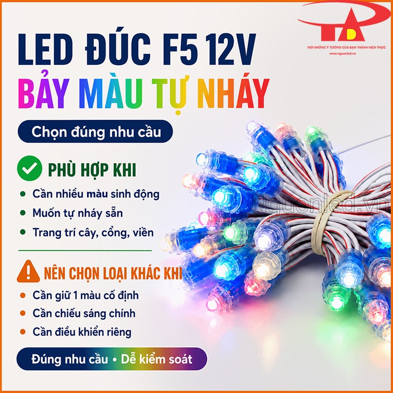 LED đúc F5 12V bảy màu tự nháy phù hợp khi cần nhiều màu, tự nháy và trang trí cây cổng