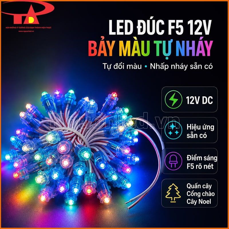 Đèn LED đúc F5 12V bảy màu tự nháy đang sáng dạng bó với nhiều điểm màu