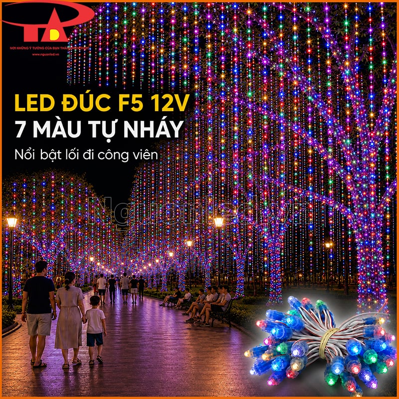 Đèn LED đúc F5 12V bảy màu tự nháy trang trí lối đi công viên với hàng cây sáng rực