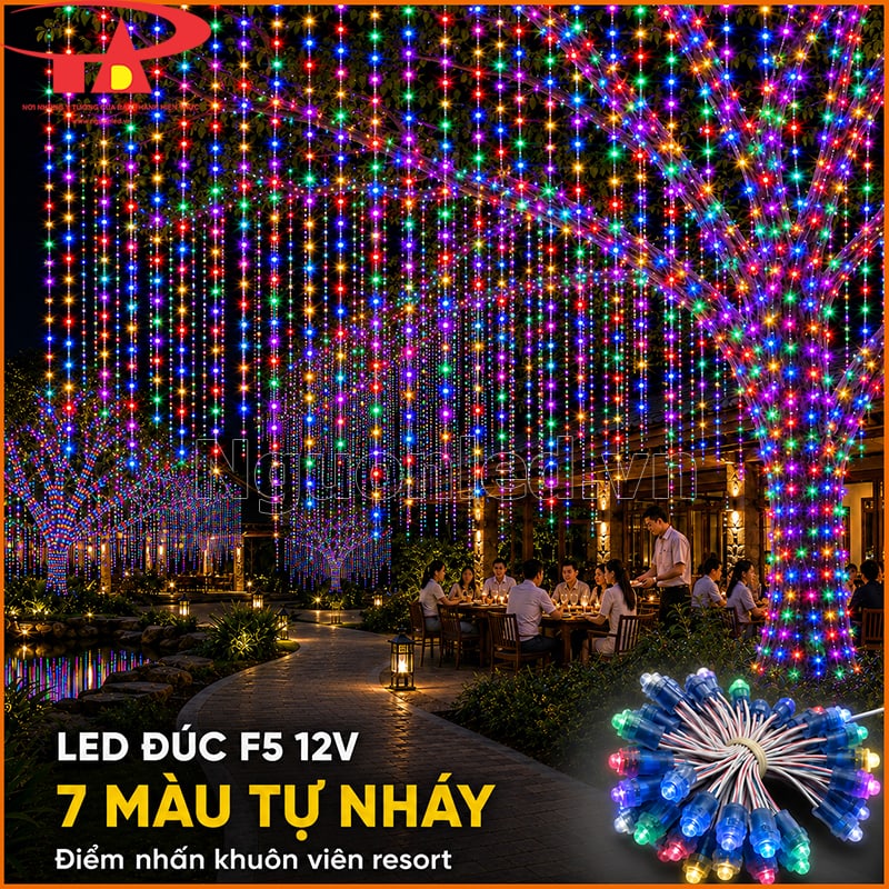 LED đúc F5 12V tự nháy đổi màu trang trí hàng cây, lối dạo và khu bàn resort